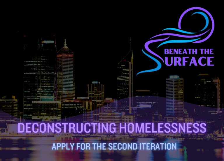 Article title card over a night-time photograph of the Perth skyline reflected in the river. Text reads: Deconstructing Homelessness — Apply for the Second Iteration.