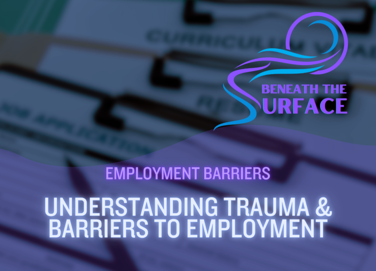 Article title card over a photograph of a curriculum vitae and job application forms. Text reads: Employment Barriers — Understanding Trauma and Barriers to Employment.