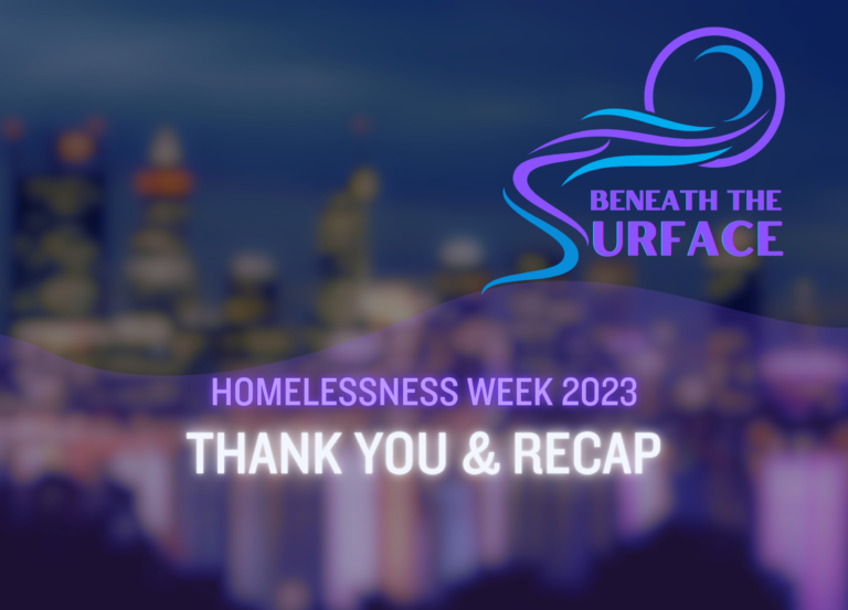 Article title card over a blurred night-time Perth skyline. Text reads: Homelessness Week 2023 — Thank You and Recap.