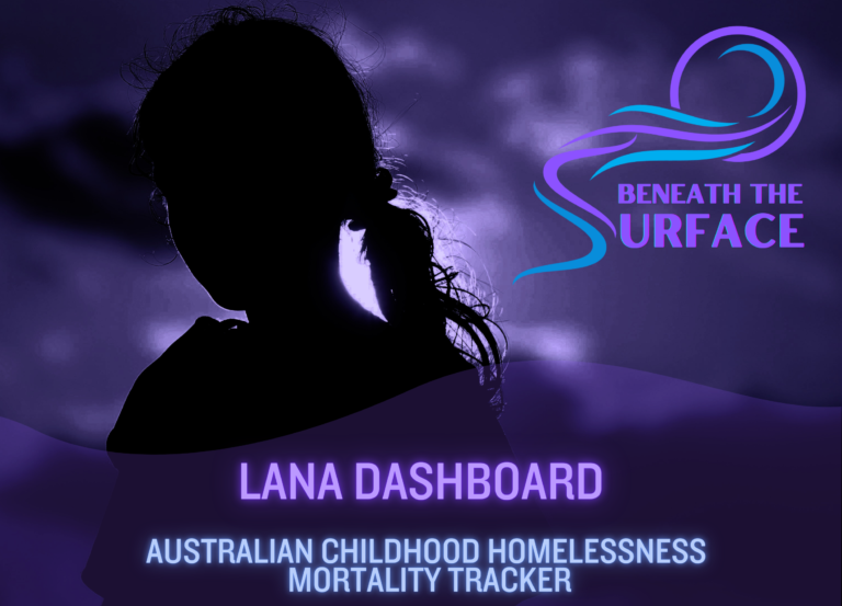 Article title card over a silhouetted photograph of a child seen from behind against a dark purple sky. Text reads: LANA Dashboard — Australian Childhood Homelessness Mortality Tracker.