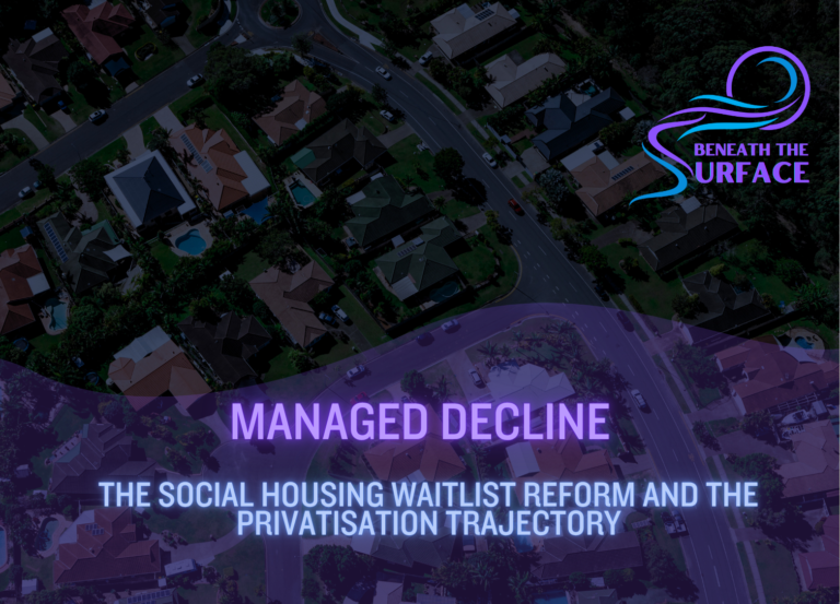 Article title card over an aerial photograph of a suburban street of houses. Text reads: Managed Decline — The Social Housing Waitlist Reform and the Privatisation Trajectory.