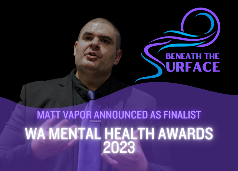 Article title card over a photograph of Matt Vapor speaking. Text reads: Matt Vapor announced as finalist — WA Mental Health Awards 2023.