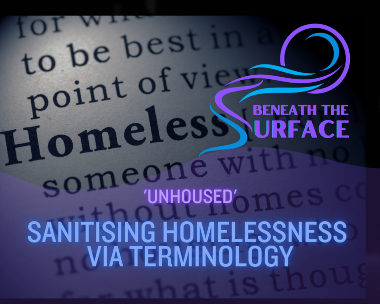 Article title card over a close-up photograph of a dictionary page showing the word 'Homeless'. Text reads: 'Unhoused' — Sanitising Homelessness via Terminology.